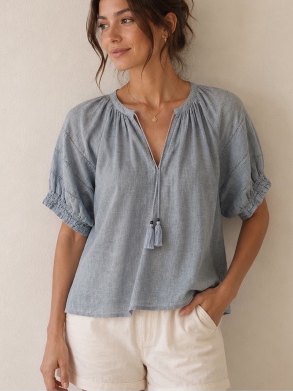 Sundays Cotton Neck Tie Peasant Blouse Chambray Blue Size Medium